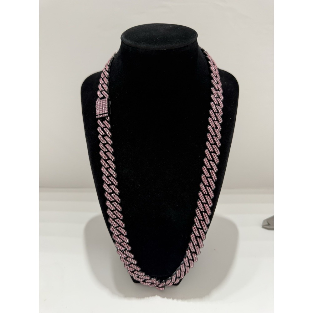 iced out cuban chain pink vvscz black over stainless 24in 14mm water resistant